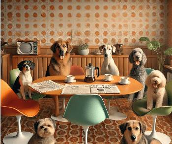 Hunde sitzen an einem Tisch in einer Küche im Stil der 1970er Jahre und lesen die neue Kolumne in der Zeitung.